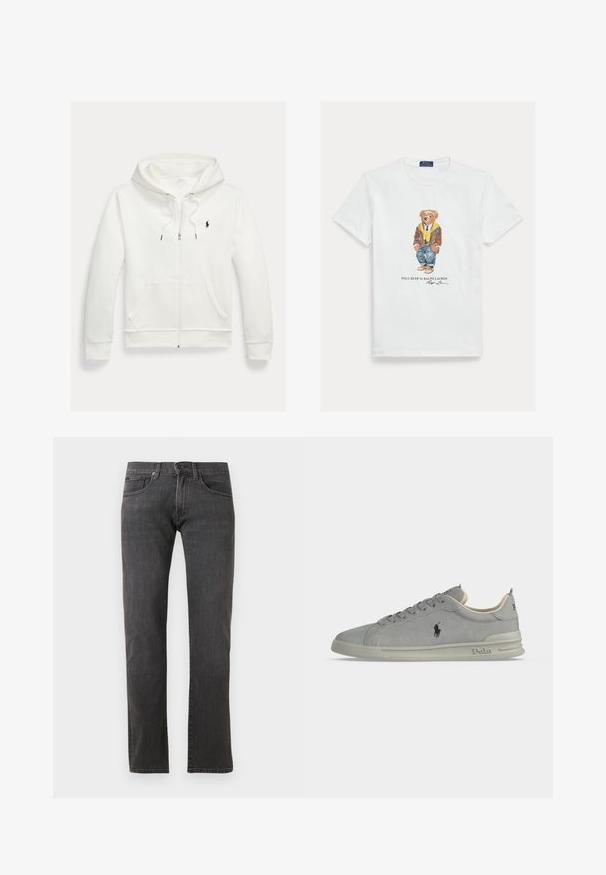 Weißes Kapuzen-Sweatshirt mit Reißverschluss, Fronttaschen und kleinem schwarzem Polo Ralph Lauren Logo auf der linken Brust.; Weißes Baumwoll-T-Shirt mit einer Grafik eines gekleideten Cartoon-Bären. Auffällige Details sind eine braune Jacke, eine gelbe Kapuzenjacke und blaue Jeans.; Dunkelgraue Jeans aus Denim mit geradem Bein, fünf Taschen-Design und subtilen Stickdetails. Hergestellt aus einem hochwertigen Baumwollstoff.; Grauer Wildleder-Sneaker mit niedrigem Schaft und Polo-Logo an der Seite, Schnürung vorne und gepolsterter Sohle mit Polo-Beschriftung an Ferse und Sohlrand.