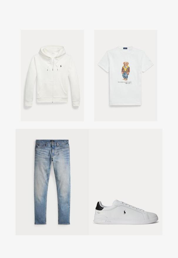 Biela mikina na zips s kapucňou, s prednými vreckami a malým čiernym logom Polo Ralph Lauren na ľavej strane hrudníka.; Biele bavlnené tričko s grafikou oblečeného kresleného medveďa. Výrazné detaily zahŕňajú hnedú bundu, žltú mikinu s kapucňou a modré džínsy.; Svetlomodré denimové nohavice s bledým povrchom, dizajnom na päť vreciek a kontrastným prešívaním. Obsahujú zips a pútka na opasok. Rovný strih.; Biela nízka teniska s čiernou pätovou pätkou, šnúrkami a logom Polo Ralph Lauren na boku, so zvýraznenými detailmi na podrážke.