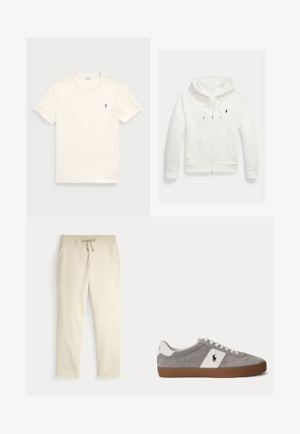 Weißes Kapuzen-Sweatshirt mit Reißverschluss, Fronttaschen und kleinem schwarzem Polo Ralph Lauren Logo auf der linken Brust.; Cremfarbener Baumwoll-T-Shirt mit Rundkragen und kurzen Ärmeln. Verfügt über ein kleines, blaues gesticktes Logo auf der linken Brust.; Beige legere Hosen mit elastischem Bund und Kordelzug, gerade Hosenbeine und seitlichen Taschen vor einem einfarbigen Hintergrund.; Low-Top grauer Wildleder-Sneaker mit weißen Schnürsenkeln, weißer Ferse und Seitenpanel mit schwarzem Polo-Spieler-Logo und brauner Gummisohle.