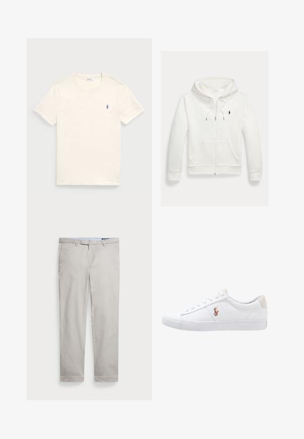 Sweat à capuche blanc zippé avec poches avant et petit logo noir Polo Ralph Lauren sur le côté gauche de la poitrine.; T-shirt en coton couleur crème avec un col rond et des manches courtes. Présente un petit logo bleu brodé sur le côté gauche de la poitrine.; Pantalon en coton beige clair avec une coupe droite, passants de ceinture, poches latérales et ourlet soigneusement fini. Texture lisse, détails minimalistes.; Baskets en toile blanches avec un design basse, présentant un onglet de talon beige et un petit logo brodé sur le côté. Semelle en caoutchouc.