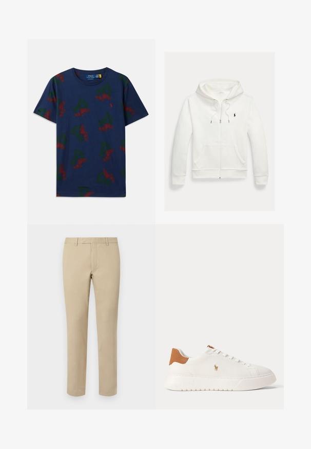Biela mikina na zips s kapucňou, s prednými vreckami a malým čiernym logom Polo Ralph Lauren na ľavej strane hrudníka.; Námornícka modrá bavlnená tričko s opakovanými zelenými grafikami "P" a červenými krídlovými topánkami, dizajn s okrúhlym výstrihom, voľný strih a krátke rukávy.; Béžové bavlnené nohavice so rovnými nohavicami, ktoré majú pútka na opasok, plochý predný diel a upravené lemy. Hladká textúra a minimálne detaily.; Biely nízky teniska s béžovou pätovou záložkou, bielymi šnúrkami a malým vyšívaným logom hráča póla na boku nad tlustou podrážkou.