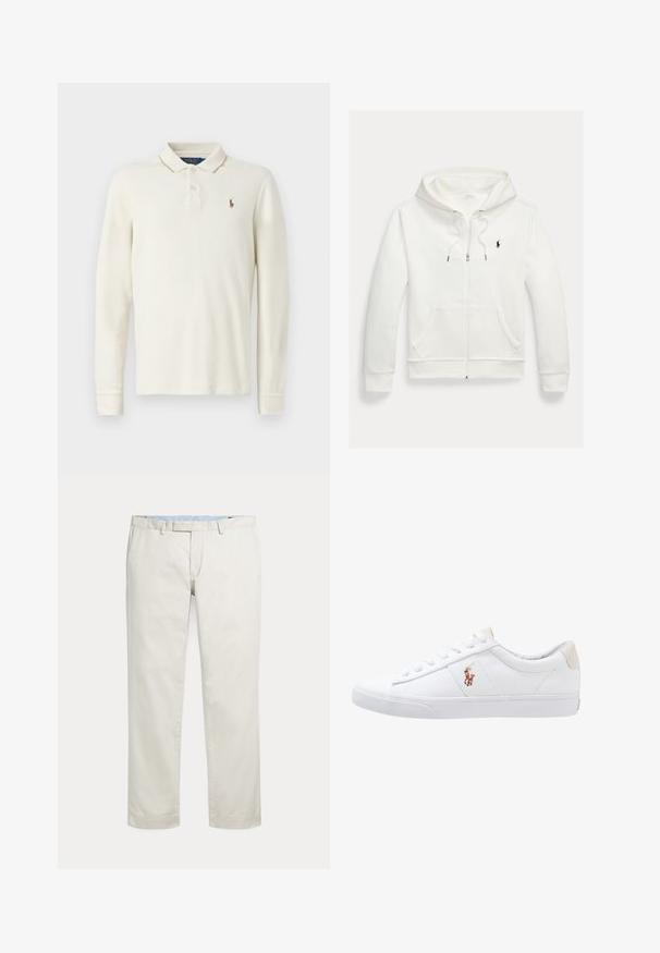 Biela mikina na zips s kapucňou, s prednými vreckami a malým čiernym logom Polo Ralph Lauren na ľavej strane hrudníka.; Dlhý rukáv polo tričko v krémovej bavlne, s rebrovaným golierom, trojbuttonovou légiou a malým vyšívaným logom na hrudi.; Krémové nohavice s rovnými nohavicami, s pútkami na opasok a skrytým predným zapínaním na jednoduchom pozadí.; Biele plátenné tenisky s nízkym strihom, ktoré majú béžový opasok na päte a malé vyšívané logo na boku. Gumová podrážka.