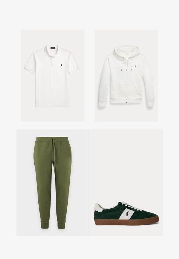 Witte capuchontrui met rits, frontzakken en een klein zwart Polo Ralph Lauren-logo op de linkerborst.; Wit Polo Ralph Lauren overhemd met korte mouwen, kraag, twee knoopsgaten en klein marineblauw geborduurd paardenlogo op de linkerborst.; Olijfgroene joggerbroek met elastische tailleband en trekkoord, taps toelopende pijpen en geribbelde boorden.; Donkergroene suède sneaker met witte zijstreep, witte veters, bruine zool en Polo Ralph Lauren-logo op de zijkant en hiel.