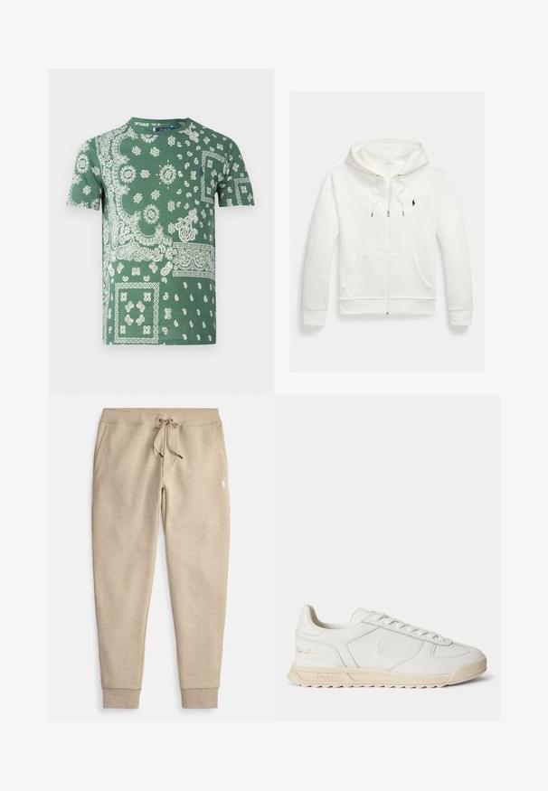 Biela mikina na zips s kapucňou, s prednými vreckami a malým čiernym logom Polo Ralph Lauren na ľavej strane hrudníka.; Zelené bavlnené tričko s detailnými bielymi paisley a kvetinovými vzormi, okrúhlym výstrihom a krátkymi rukávmi.; Béžové teplákové nohavice z mäkkej tkaniny, s nastaviteľným pásom na šnúrku, bočnými vreckami a rebrovanými manžetami. Na stehne sa nachádza malé logo.; Biele kožené nízke tenisky s béžovou podrážkou, šnurované vpredu a prešitým logom na boku a päte.