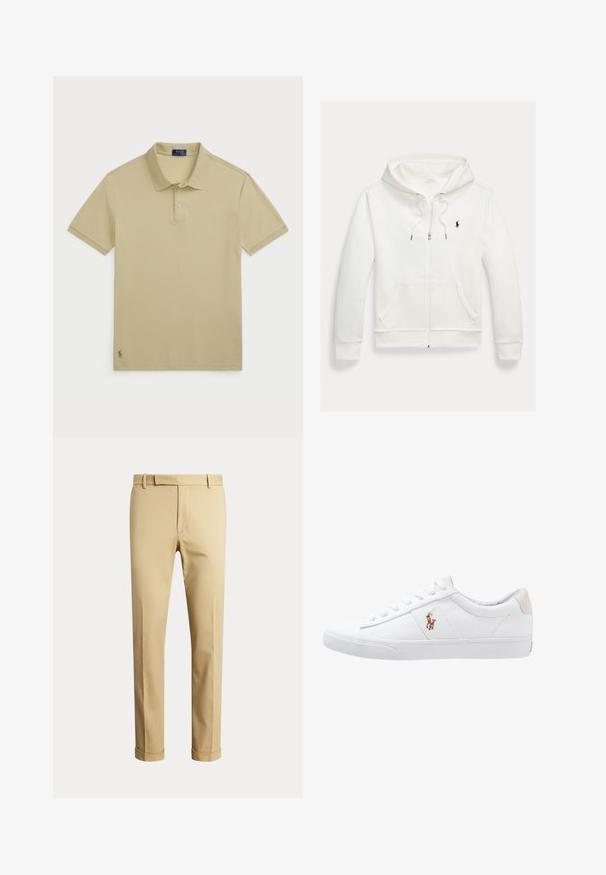 Biela mikina na zips s kapucňou, s prednými vreckami a malým čiernym logom Polo Ralph Lauren na ľavej strane hrudníka.; Béžová polokošeľa, krátke rukávy, bavlnená tkanina, trojbuttonová léga, ribovaná golier, vyšitá značka v ľavom dolnom rohu.; Pánske béžové nohavice na mieru s pútkami na opasok a manžetami, zobrazené na jednoduchom svetlom pozadí.; Biele plátenné tenisky s nízkym strihom, ktoré majú béžový opasok na päte a malé vyšívané logo na boku. Gumová podrážka.