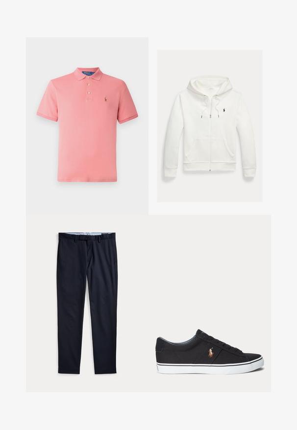 Valge lukuga kapuutsiga dressipluus esistaskute ja vasakul rinnal oleva väikese musta Polo Ralph Laureni logoga.; Roosa polo särk, mis on valmistatud puuvillast. Omab klassikalist kraed, kolme nupuga paelust ja tikitud logo vasakul rinnal. Lühikesed varrukad.; Meri sinist värvi meeste pidulikud püksid, millel on vööaasad, luku ette, ja küljetaskud, lamades valgel taustal.; Must madala säärega toss valge tallaga ja külje peal tikitud polo mängija logoga, paeltega kinnitusega ja tekstureeritud kangast pealiskihiga.