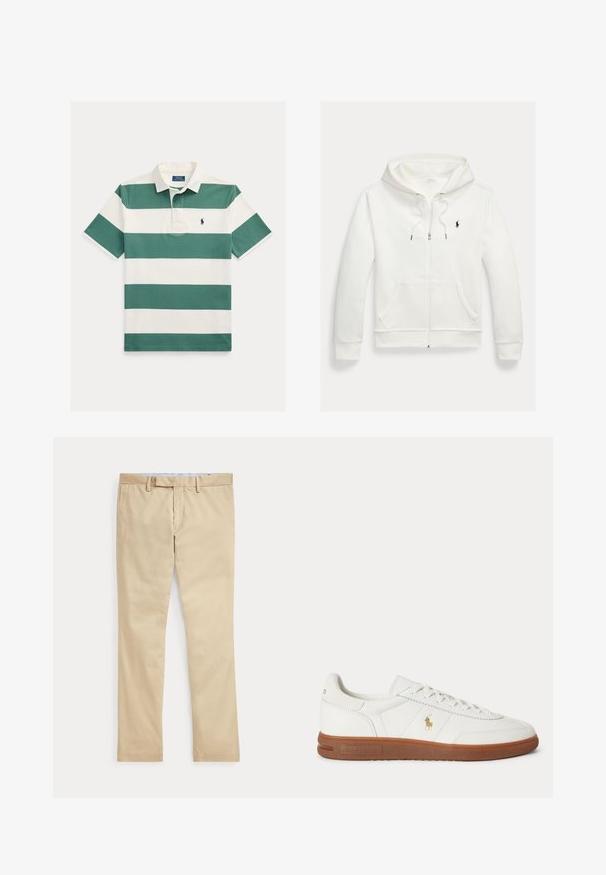 Witte capuchontrui met rits, frontzakken en een klein zwart Polo Ralph Lauren-logo op de linkerborst.; Poloshirt met korte mouwen met brede horizontale groene en witte strepen, witte kraag en klein geborduurd logo op de borst.; Beige broek met rechte pijpen, ceintuurlussen en een voorrits, plat gelegd tegen een witte achtergrond.; Witte lage sneaker met bruine zool, veters aan de voorkant en klein gouden Polo Ralph Lauren-logo aan de zijkant.
