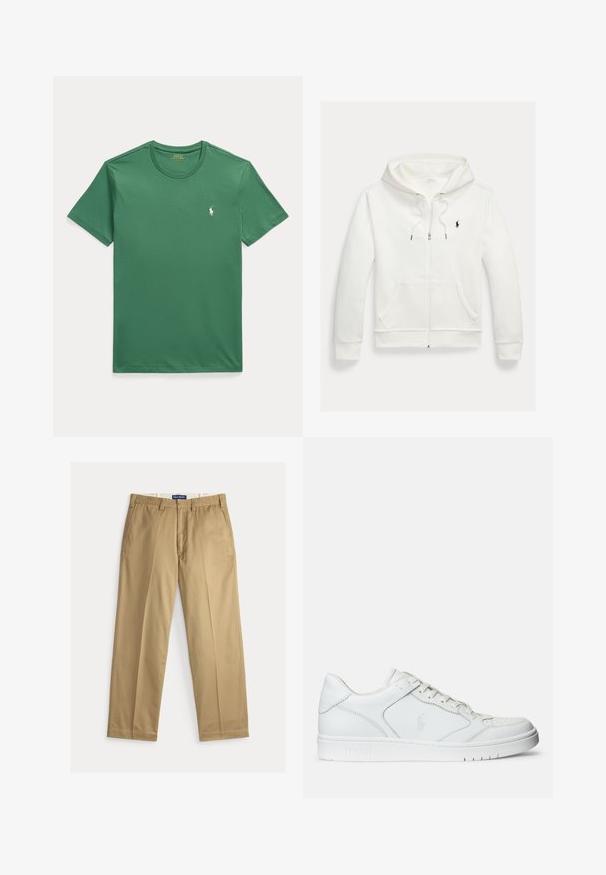 Valge lukuga kapuutsiga dressipluus esistaskute ja vasakul rinnal oleva väikese musta Polo Ralph Laureni logoga.; Roheline lühikeste varrukatega ümarakaelusega T-särk, millel vasakul rinnal väike valge Polo Ralph Laureni hobuse logo.; Beežid puuvillast kangast chinosid. Sirge säärega disain, millel on lame eesmine osa, kaks küljetaskut ja vöökoht, mis sulgub nööbiga.; Valged nahast spordijalatsid siledast materjalist, millel on ventilatsiooniga varvas, paelad ja kõrvale brodeeritud logo. Valge kummitald.