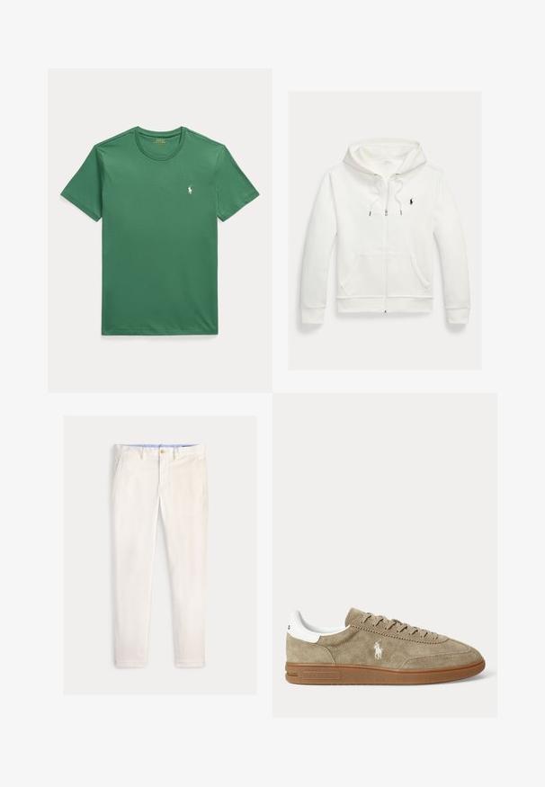 Biela mikina na zips s kapucňou, s prednými vreckami a malým čiernym logom Polo Ralph Lauren na ľavej strane hrudníka.; Zelené tričko s krátkym rukávom a okrúhlym výstrihom s malým bielym logom koníka Polo Ralph Lauren na ľavej strane hrudníka.; Pánske štíhle nohavice slonovinovej farby s prednými vreckami, pútkami na opasok a zapínaním na gombík na jednofarebnom pozadí.; Nízkoprofilová béžová semišová teniska s hnedou podrážkou, bielym detailom na päte, šnúrkami a bielym vyšívaným logom hráča póla na boku.