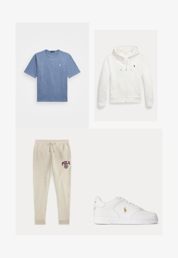 Biela mikina na zips s kapucňou, s prednými vreckami a malým čiernym logom Polo Ralph Lauren na ľavej strane hrudníka.; Modrá bavlnená tričko s krátkymi rukávmi, okrúhlym výstrihom a bielym vyšitým logom na ľavej strane hrudníka. Hladká textúra, neformálny dizajn.; Béžové tepláky so sťahovacou šnúrkou, bočnými vreckami a červeným logom a emblémom "POLO" na hore ľavej stehnovej časti.; Biele kožené nízke tenisky s bielymi šnúrkami a zlatým logom Polo Ralph Lauren na boku a "Polo" vyrazeným na podrážke.