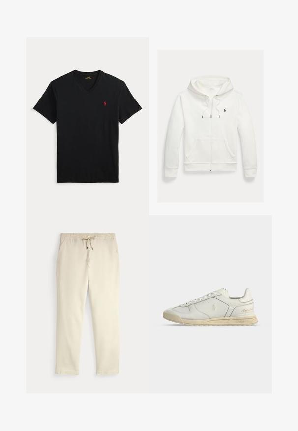 Sudadera blanca con capucha y cremallera, con bolsillos delanteros y pequeño logo negro de Polo Ralph Lauren en el pecho izquierdo.; Camiseta negra de manga corta con escote en V y pequeño logo rojo de Polo Ralph Lauren en el pecho izquierdo.; Pantalones casuales color blanco roto con cinturilla elástica y cordón, piernas rectas y bolsillos laterales sobre un fondo liso.; Zapatilla blanca de cuero de caña baja con suela beige, cierre de cordones delantero y logotipos de Polo Ralph Lauren en relieve en el lateral y el talón.
