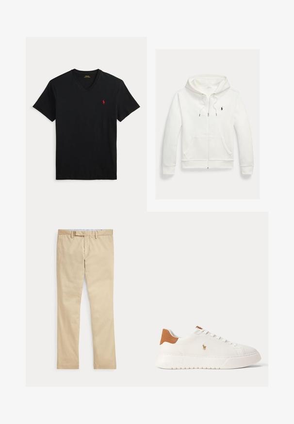 Biela mikina na zips s kapucňou, s prednými vreckami a malým čiernym logom Polo Ralph Lauren na ľavej strane hrudníka.; Čierne tričko s výstrihom do V a krátkym rukávom s malým červeným logom Polo Ralph Lauren na ľavej strane hrudníka.; Béžové nohavice s rovnými nohavicami, s pútkami na opasok a predným zipsom, položené na bielom pozadí.; Biely nízky teniska s béžovou pätovou záložkou, bielymi šnúrkami a malým vyšívaným logom hráča póla na boku nad tlustou podrážkou.