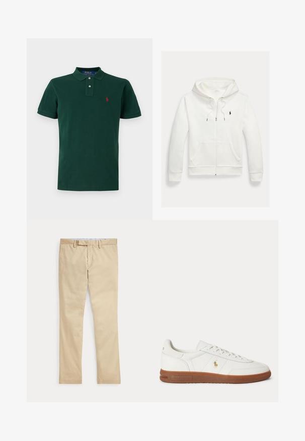 White zip-up hooded sweatshirt with front pockets and small black Polo Ralph Lauren logo on left chest.; Dark green short-sleeve polo shirt with collar, two-button placket, and small red embroidered logo on the left chest.; Beige straight-leg trousers with belt loops and a front zipper fly, laid flat against a white background.; White low-top sneaker with brown sole, lace-up front, and small gold Polo Ralph Lauren logo on side.