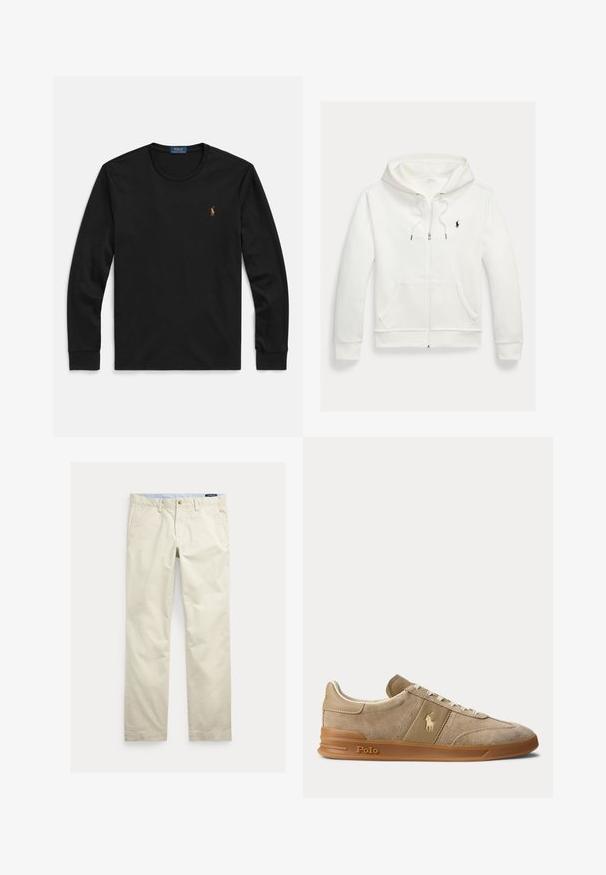 Biela mikina na zips s kapucňou, s prednými vreckami a malým čiernym logom Polo Ralph Lauren na ľavej strane hrudníka.; Čierne dlhé tričko s dlhým rukávom vyrobené z mäkkej bavlny, so zaobleným výstrihom a malým vyšívaným logom na hrudi s farebnými akcentmi.; Béžové bavlnené nohavice s rovnými nohavicami, opaskové pútká, predné zapínanie na gombík, zips a bočné vrecká.; Béžové nízke tenisky z brúseného semišu a kože s gumovou podrážkou, bielymi šnúrkami a logom Polo na boku a na podrážke.