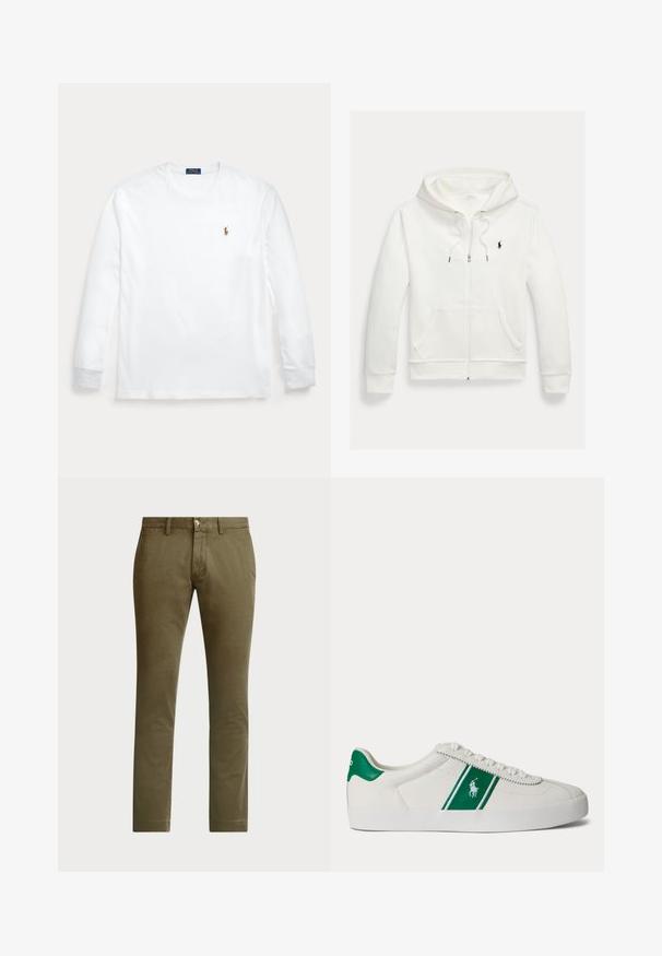 Weißes Kapuzen-Sweatshirt mit Reißverschluss, Fronttaschen und kleinem schwarzem Polo Ralph Lauren Logo auf der linken Brust.; Weißes Langarmshirt mit Rundhalsausschnitt und kleinem besticktem Polo Ralph Lauren-Logo auf der linken Brust.; Polo Ralph Lauren BEDFORD STRETCH SLIM FIT CHINO PANT - Chino - canopy olive; Weißer Sneaker in Low-Top-Form mit grünem Streifen und Polo-Logo an der Seite, grünem Fersenlaschen und weißen Schnürsenkeln, von der linken Seite vor neutralem Hintergrund dargestellt.