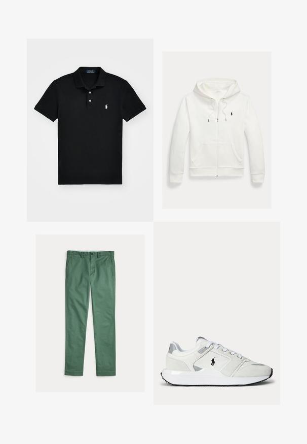 Weißes Kapuzen-Sweatshirt mit Reißverschluss, Fronttaschen und kleinem schwarzem Polo Ralph Lauren Logo auf der linken Brust.; Schwarzes Poloshirt aus Baumwolle mit einem klassischen Kragen, einer Drei-Knopf-Leiste, kurzen Ärmeln und einem weißen Logo auf der linken Brust.; Grüne Herrenstoffhose mit geradem Bein, vorderen Taschen, Gürtelschlaufen und Knopfverschluss, flach auf weißem Hintergrund präsentiert.; Weißer Sneaker in niedriger Ausführung mit Schnürverschluss, schwarzem Logo an der Seite, grauen Akzenten und dicker weißer Sohle mit schwarzer Laufsohle.