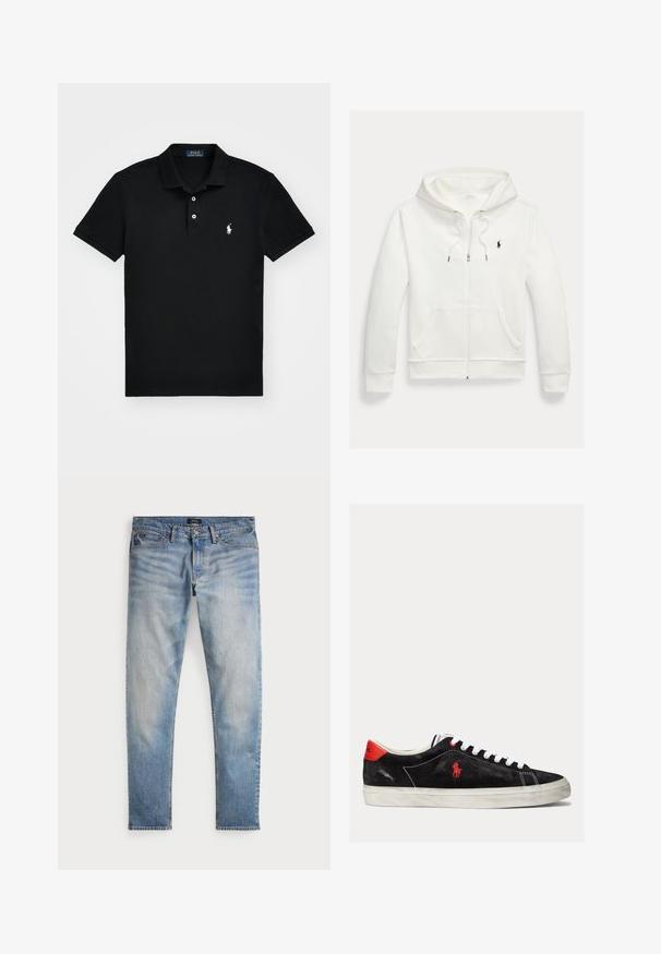 Biela mikina na zips s kapucňou, s prednými vreckami a malým čiernym logom Polo Ralph Lauren na ľavej strane hrudníka.; Čierna polokošeľa vyrobená z bavlny, s klasickým golierom, zapínaním na tri gombíky, krátkymi rukávmi a bielym logom na ľavej strane hrude.; Svetlomodré denimové nohavice s bledým povrchom, dizajnom na päť vreciek a kontrastným prešívaním. Obsahujú zips a pútka na opasok. Rovný strih.; Čierne semišové tenisky s bielymi šnúrkami, červenými akcentmi na päte a malým červeným logom. Obsahujú plochú gumovú podrážku a jednoduché prešívanie.