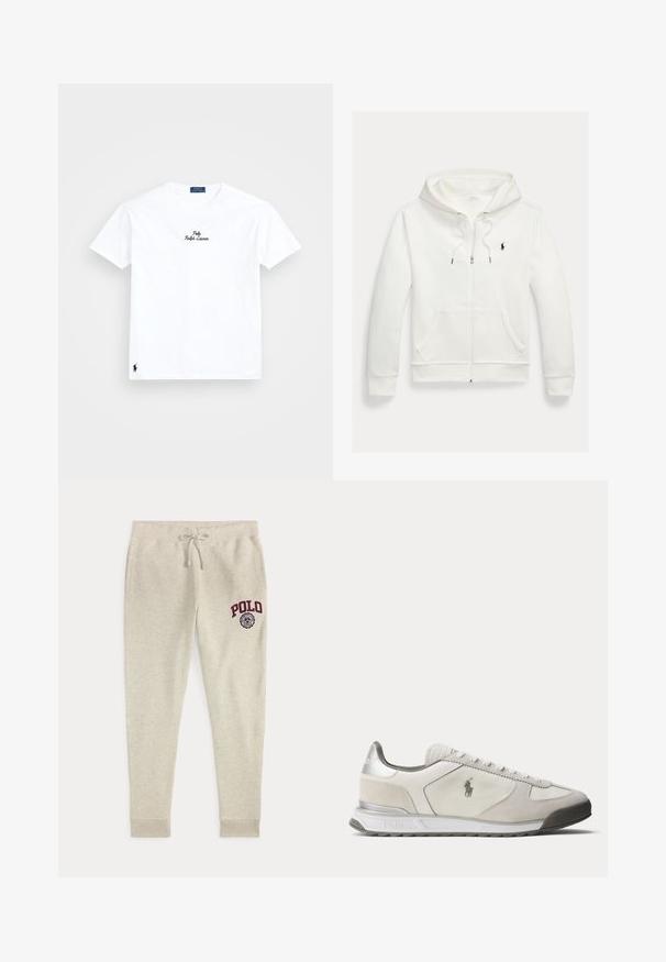 Biela mikina na zips s kapucňou, s prednými vreckami a malým čiernym logom Polo Ralph Lauren na ľavej strane hrudníka.; Biely bavlnený tričko s kruhovým výstrihom, krátkymi rukávmi, čierne vyšívané logo "Polo Ralph Lauren" na hrudníku a malé čierne logo na leme.; Béžové tepláky so sťahovacou šnúrkou, bočnými vreckami a červeným logom a emblémom "POLO" na hore ľavej stehnovej časti.; Nízky biely a svetlosivý teniska s logom Polo na boku, so šnurovaním vpredu a strieborným akcentom na päte.