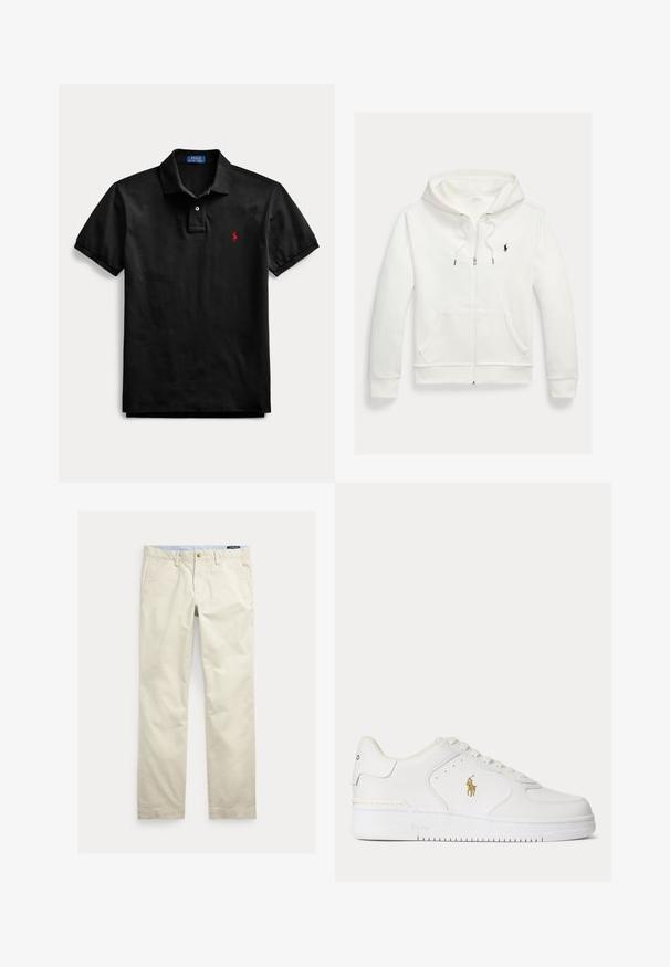 Biela mikina na zips s kapucňou, s prednými vreckami a malým čiernym logom Polo Ralph Lauren na ľavej strane hrudníka.; Čierne polo tričko s krátkym rukávom, golierom, dvojgombíkovou légou a malým červeným vyšívaným logom na ľavej strane hrudníka.; Béžové bavlnené nohavice s rovnými nohavicami, opaskové pútká, predné zapínanie na gombík, zips a bočné vrecká.; Biele kožené nízke tenisky s bielymi šnúrkami a zlatým logom Polo Ralph Lauren na boku a "Polo" vyrazeným na podrážke.