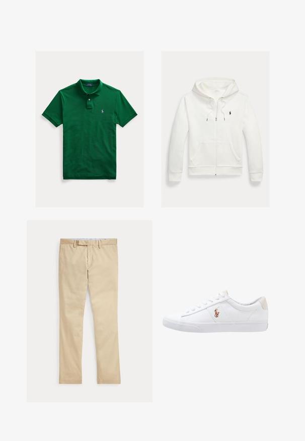 Biela mikina na zips s kapucňou, s prednými vreckami a malým čiernym logom Polo Ralph Lauren na ľavej strane hrudníka.; Zelené polo tričko s krátkym rukávom, s dvoma gombíkmi a malým fialovým vyšívaným logom na ľavej strane hrudníka.; Béžové nohavice s rovnými nohavicami, s pútkami na opasok a predným zipsom, položené na bielom pozadí.; Biele plátenné tenisky s nízkym strihom, ktoré majú béžový opasok na päte a malé vyšívané logo na boku. Gumová podrážka.