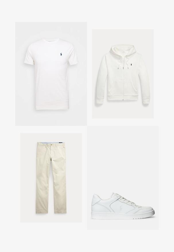 Sudadera blanca con capucha y cremallera, con bolsillos delanteros y pequeño logo negro de Polo Ralph Lauren en el pecho izquierdo.; Camiseta de algodón blanca con cuello redondo. Presenta un pequeño logo azul oscuro en el lado izquierdo del pecho. Mangas cortas, textura suave.; Pantalones de algodón beige de corte recto con trabillas para cinturón, botón frontal, cierre de cremallera y bolsillos laterales.; Zapatilla de cuero blanca con textura suave, que presenta una puntera perforada, cierre de cordones y logo bordado en el lateral. Suela de goma blanca.