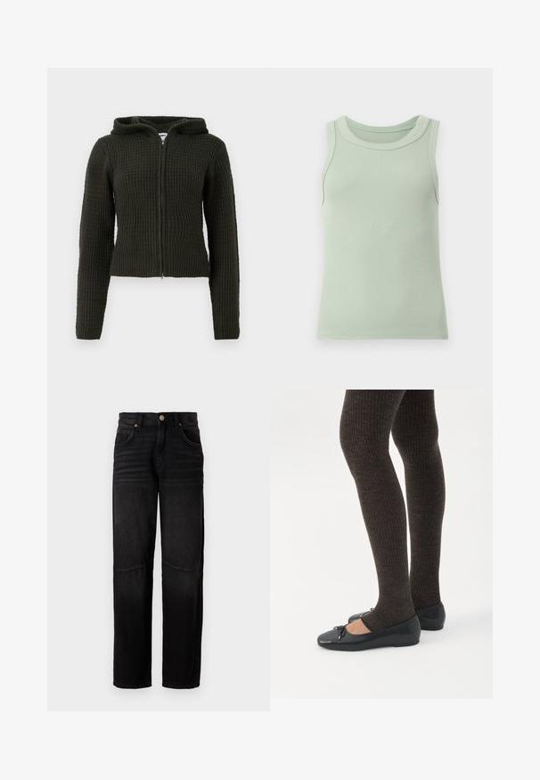 Sudadera con cremallera de color verde oscuro, hecha de un tejido texturizado, que cuenta con capucha, silueta ajustada y puños y dobladillo de punto ribeteado.; Camiseta sin mangas acanalada de color verde claro con cuello redondo, mostrada sobre un fondo blanco liso.; Vaqueros de denim negro con corte recto, estilo de cinco bolsillos, cierre de botón y sutil desgaste en los muslos y las rodillas.; Piernas con leggings oscuros acanalados combinados con bailarinas negras que presentan pequeños detalles de lazo sobre un fondo blanco.