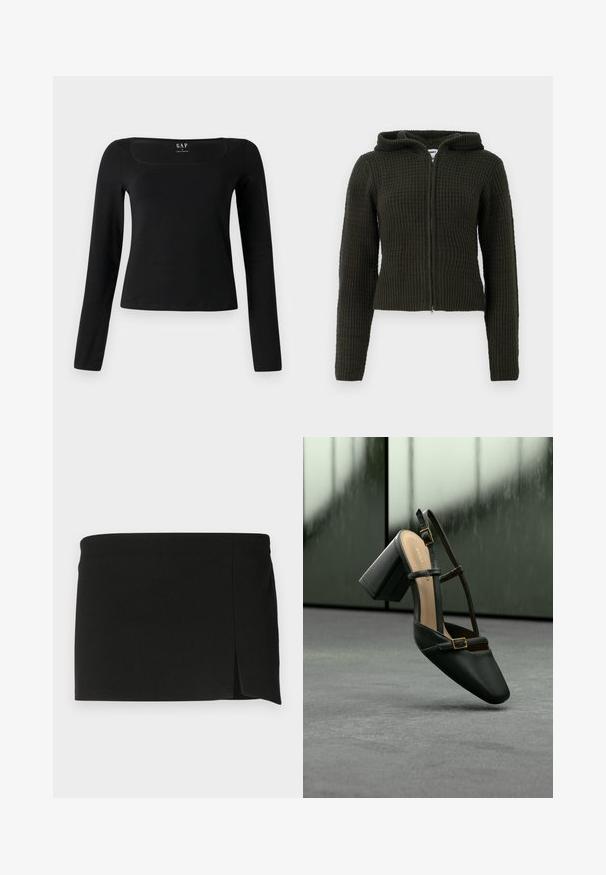 Sudadera con cremallera de color verde oscuro, hecha de un tejido texturizado, que cuenta con capucha, silueta ajustada y puños y dobladillo de punto ribeteado.; Top de manga larga negro con escote cuadrado, hecho de un tejido suave, con un diseño ajustado y un dobladillo recto. Etiqueta visible en el interior del escote.; Minifalda negra con corte recto, que presenta una ligera abertura en la parte delantera. Confeccionada en una tela suave y elástica para mayor comodidad y ajuste.; Zapato de tacón alto de cuero negro con puntera puntiaguda, tiras en el tobillo y detalles en hardware dorado. Textura suave y diseño de tacón grueso robusto.