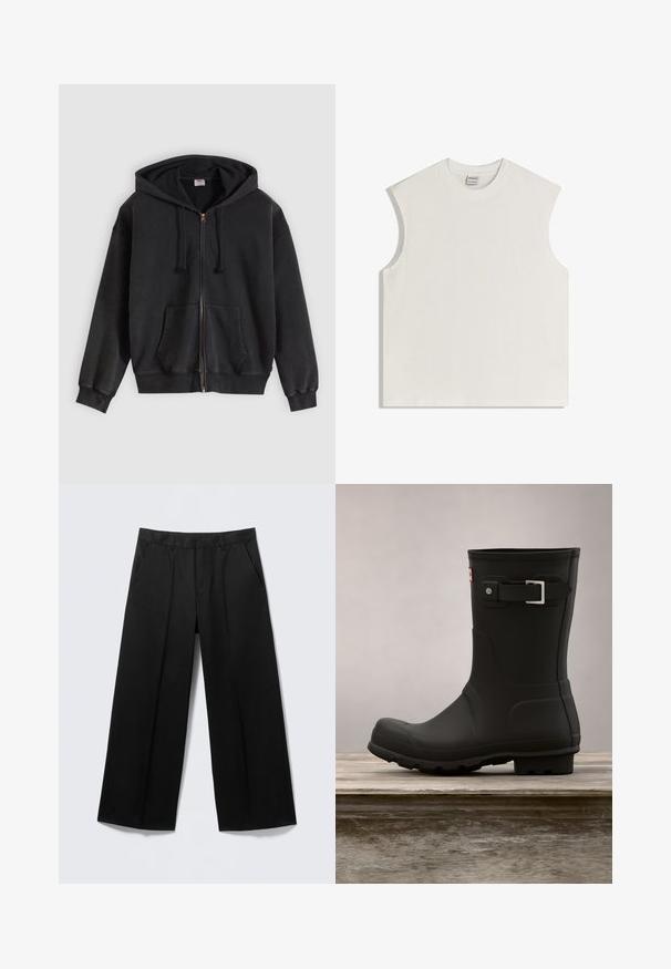 Sweat-shirt à capuche zippé noir avec poches avant et cordons, posé à plat sur un fond gris clair.; Haut en coton blanc sans manches avec encolure ronde et épaules légèrement rembourrées, posé à plat sur un fond blanc.; Pantalon large noir avec passants pour ceinture, poches avant et fermeture éclair, présenté sur un fond gris clair.; Botte de pluie en caoutchouc noir avec un petit talon, un bout arrondi et un accent en boucle en argent. Présente une semelle texturée pour une meilleure adhérence.