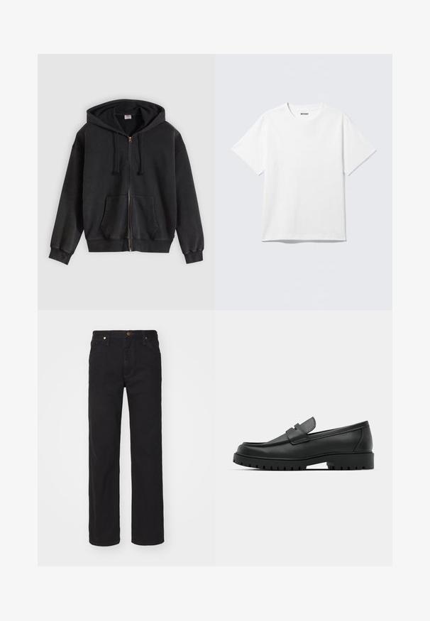 Schwarzer Kapuzenpullover mit Reißverschluss, Vorderentaschen und Kordelzügen, flach auf einem hellgrauen Hintergrund liegend.; Weißes T-Shirt mit kurzen Ärmeln und Rundhalsausschnitt, flach liegend, schlichtes Design, mit „WEEKDAY“-Etikett innen im Kragen auf hellem Hintergrund.; Schwarze Straight-Leg-Denim-Jeans mit vorderen Taschen, Gürtelschlaufen und Knopfverschluss auf schlichtem Hintergrund.; Schwarze Lederloafer mit runder Zehenform, ausgestattet mit einem gesteppten Design, niedrigem Plattformsohle und einer strukturierten, genoppten Gummisohle.