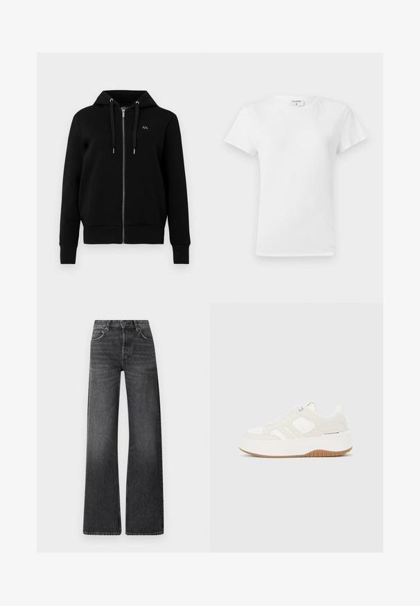 Schwarze Zip-Hoodie aus einem Baumwollmischgewebe. Verfügt über eine verstellbare Kapuze, gerippte Bündchen und ein kleines Logo auf der linken Brust.; Weißes Baumwoll-T-Shirt mit Rundhalsausschnitt und kurzen Ärmeln, das einen lockeren Sitz und ein minimalistisches Design aufweist. Etikett am Hals sichtbar.; Schwarze Denim-Jeans mit hoher Taille und weitem Bein. Verfügt über fünf Taschen und eine subtile verbleichte Textur mit kontrastierenden Nähten.; Weißer und beigefarbener Plateausneaker mit Schnürung vorne, Gummisohle, seitlichem Markenlogo und gesteppter Paneelgestaltung.