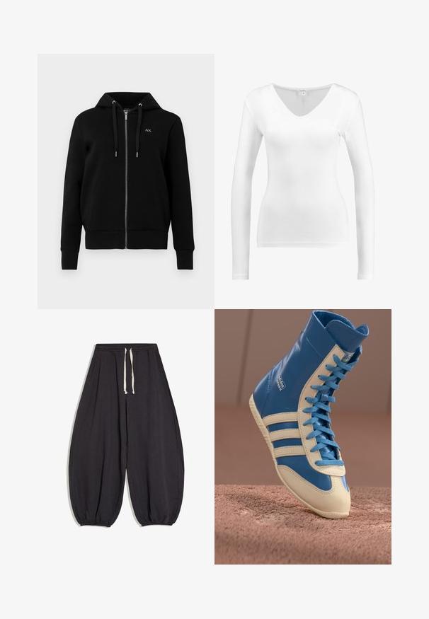 Schwarze Zip-Hoodie aus einem Baumwollmischgewebe. Verfügt über eine verstellbare Kapuze, gerippte Bündchen und ein kleines Logo auf der linken Brust.; Weißes Langarm-V-Ausschnitt-Top aus glattem, leichtem Stoff; taillierte Passform ohne zusätzliche Muster oder Hardware-Details.; Schwarze weite Hose mit elastischem Bund, weißem Kordelzug und gesmokten elastischen Bündchen an den Knöcheln.; Hochschnittige Sneaker aus blauem und cremefarbenem Leder, mit einer strukturierten Sohle, kontrastierenden Schnürsenkeln und drei charakteristischen Streifen an der Seite.