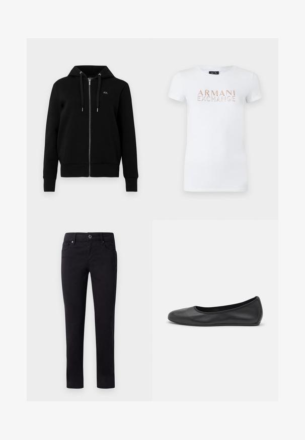 Sort zip-hoodie lavet af en bomuldsblandingsstof. Har en hætte med snor, ribbede manchetter og et lille logo på venstre bryst.; Hvid kortærmet T-shirt lavet af bomuld, med et skinnende rosegold "ARMANI EXCHANGE" logo centreret foran. Klassisk pasform.; Sorte bomuldsbukser med lige ben-design, der har forlommer og en knaplukning i taljen. Glat tekstur uden mønstre.; Sort læderballetsko med rund tå, glat tekstur, minimal syning og et fleksibelt såldesign.