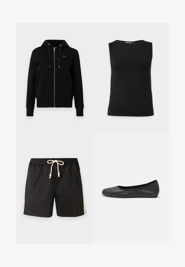 Sweat à capuche noir zippé en tissu mélangé de coton. Il dispose d'une capuche avec cordon de serrage, de poignets côtelés et d'un petit logo sur la poitrine gauche.; Haut noir sans manches pour femmes avec encolure bateau, confectionné en tissu lisse, présenté sur un fond uni.; Shorts de sport noirs avec taille élastique et cordon blanc, ornés de bandes blanches sur les côtés, présentés sur un fond uni.; Ballerines en cuir noir avec un bout rond, texture lisse, détails de couture minimalistes et design de semelle flexible.