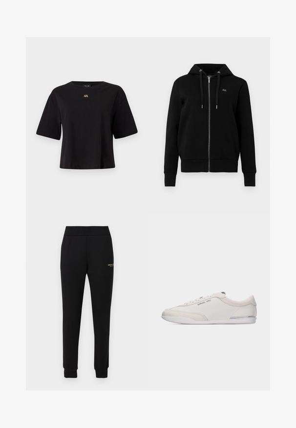 Sweat à capuche noir zippé en tissu mélangé de coton. Il dispose d'une capuche avec cordon de serrage, de poignets côtelés et d'un petit logo sur la poitrine gauche.; T-shirt noir à manches courtes en coton avec une coupe décontractée, arborant un logo doré "AX" centré sur la poitrine.; Pantalon de survêtement noir fuselé avec taille et poignets élastiques, présentant un petit logo doré "Armani Exchange" sur la cuisse droite.; Baskets basses blanc cassé et beige à lacets, avec des détails en cuir lisse et en daim, arborant un petit logo Michael Kors sur le côté.