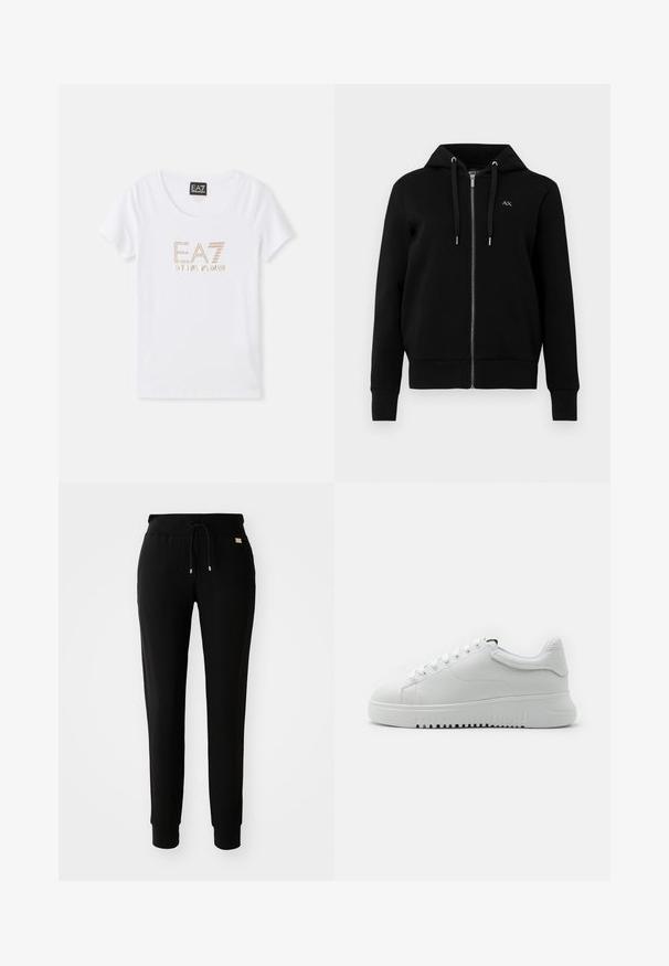 Schwarze Zip-Hoodie aus einem Baumwollmischgewebe. Verfügt über eine verstellbare Kapuze, gerippte Bündchen und ein kleines Logo auf der linken Brust.; Weißes Baumwoll-T-Shirt mit Rundhalsausschnitt, versehen mit einem goldfarbenen Strass-Logo "EA7 EMPORIO ARMANI", das zentral auf der Vorderseite platziert ist.; Schwarze tapered Jogginghosen mit verstellbarem Taillenbund und Bündchen an den Knöcheln, auf einem schlichten weißen Hintergrund dargestellt.; Weiße Sneaker mit einem Obermaterial aus strukturiertem Leder, runder Zehenpartie und Schnürdesign. Dicke weiße Gummisohle mit strukturiertem Griffmuster.