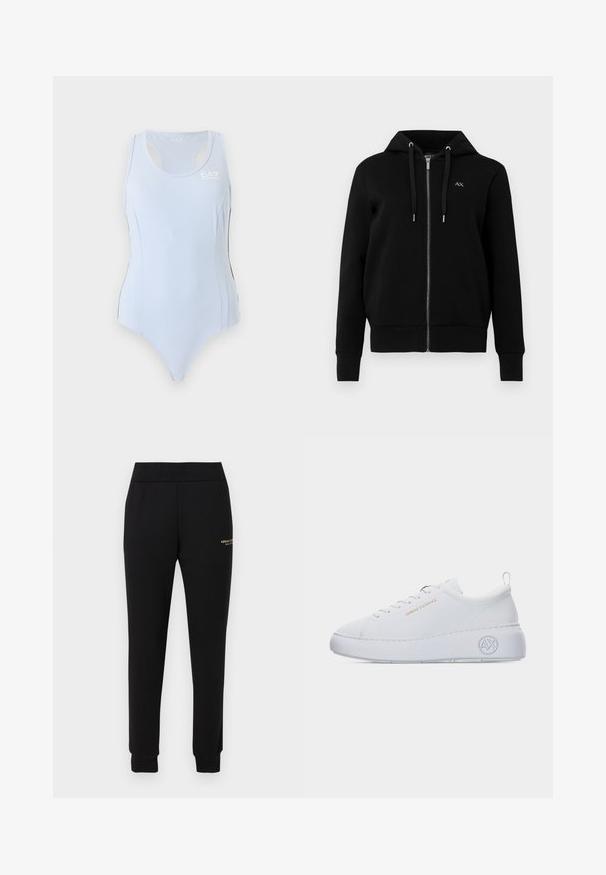 Sweat à capuche noir zippé en tissu mélangé de coton. Il dispose d'une capuche avec cordon de serrage, de poignets côtelés et d'un petit logo sur la poitrine gauche.; Justaucorps de sport bleu clair sans manches avec dos nageur et petit logo blanc EA7 sur le haut du côté gauche de la poitrine.; Pantalon de survêtement noir fuselé avec taille et poignets élastiques, présentant un petit logo doré "Armani Exchange" sur la cuisse droite.; Baskets blanches basses avec semelle épaisse, texte doré « Armani Exchange » sur le côté, et logo « AX » embossé sur la zone du talon.