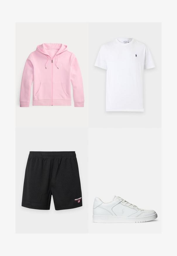 Light pink zip-up hoodie with front pockets and drawstrings on the hood, displayed on a plain light background.; White short-sleeve crew neck T-shirt with small dark blue polo player logo on the left chest.; Black mesh athletic shorts with elastic waistband and Polo Sport Ralph Lauren logo with American flag on the bottom right leg.; White leather sneaker with a smooth texture, featuring a perforated toe, lace closure, and embroidered logo on the side. White rubber sole.