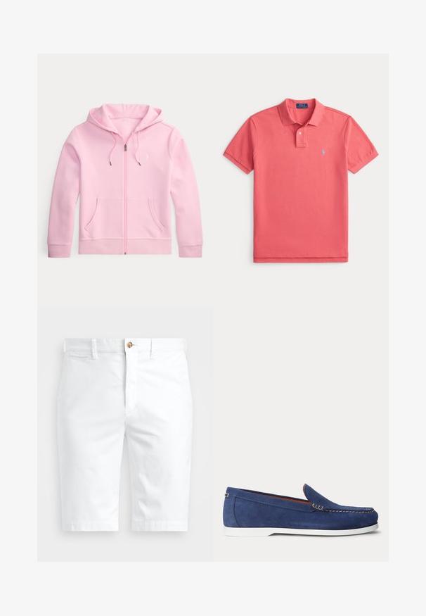 Lichtroze zip-up hoodie met voorzakken en trekkoorden op de capuchon, weergegeven op een effen lichte achtergrond.; Koraalroze poloshirt van katoen, met een kraag, een drieknopsbies en een geborduurd blauw logo op de linkerborst.; Witte katoenen shorts met een rechte snit, voorzien van een knoopsluiting, riemlussen en platte broekzakken. Zachte textuur en een nette afwerking.; Blauwe suède loafer met witte zool en beige stiksels langs de bovenrand, afgebeeld tegen een effen witte achtergrond.