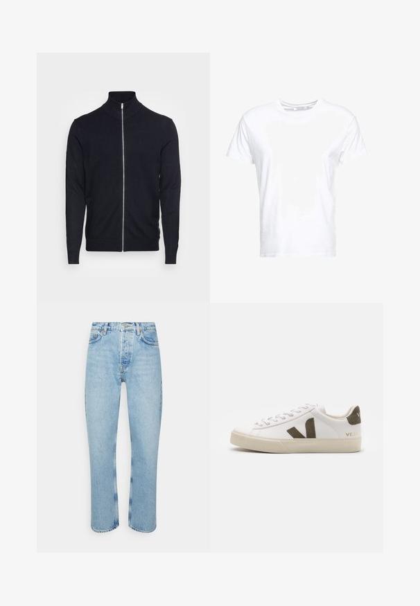 Lindbergh ZIP - Vest - navy; Witte katoenen t-shirt met een ronde hals en korte mouwen, in een klassiek model met een gladde textuur. Geen patronen of hardware zichtbaar.; Lichtblauwe denim jeans met een rechte snit, hoge taille, vijf-pocket ontwerp en zichtbare stikseldetails op de naden en zomen.; Witte leren sneakers met een lichtbeige rubberen zool. Voorzien van een bruine suède V-logo en hieltab. Gespsluiting met een gestructureerd oppervlak.