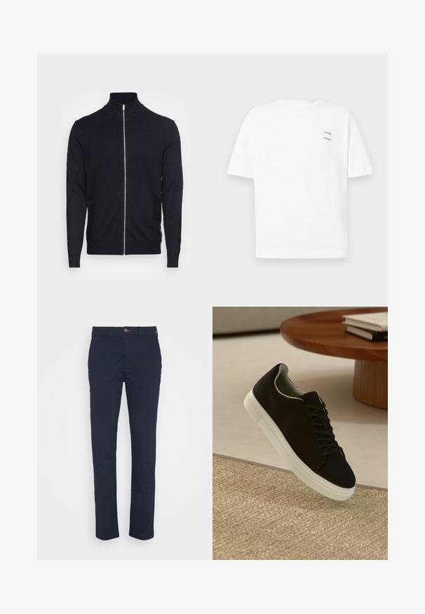 Lindbergh ZIP - Strickjacke - navy; Weißes Baumwoll-T-Shirt mit lässiger Passform, kurzen Ärmeln und V-Ausschnitt. Verfügt über zwei kleine schwarze gedruckte Logos auf der linken Seite.; Marineblaue Chinos aus Baumwolle mit geradem Bein, Knopfverschluss und Fronttaschen. Sanfte Textur ohne Muster.; Schwarze Sneakers mit weißer Sohle, die über einem beige strukturierten Teppich schweben, in der Nähe eines runden Holztisches mit gestapelten Büchern.