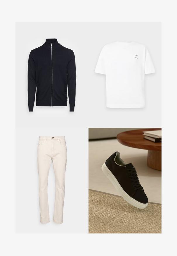 Lindbergh ZIP - Strickjacke - navy; Weißes Baumwoll-T-Shirt mit lässiger Passform, kurzen Ärmeln und V-Ausschnitt. Verfügt über zwei kleine schwarze gedruckte Logos auf der linken Seite.; Beige Denim-Jeans mit geradem Schnitt, fünf Taschen und einer braunen Knopfverschluss. Sie weisen subtile Nähte und eine glatte Textur auf.; Schwarze Sneakers mit weißer Sohle, die über einem beige strukturierten Teppich schweben, in der Nähe eines runden Holztisches mit gestapelten Büchern.