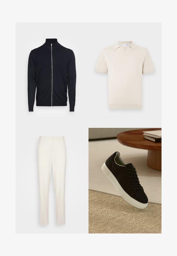 Lindbergh ZIP - Cardigan - navy; Kremfarvet kortærmet strikket polo med V-hals og krave. Har ribstrikkede manchetter og kant samt en glat tekstur.; Cremefarvede skræddersyede bukser med lige snit, lavet af tekstureret stof. Har bæltestikler og en lynlåslukning foran.; Sort sneaker med hvid sål svævende over en beige tekstureret tæppe nær et rundt trætabel med stablede bøger.