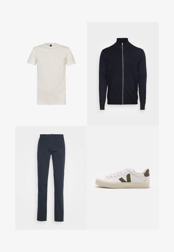 Lindbergh ZIP - Vest - navy; Crewneck t-shirt met korte mouwen in off-white katoen. Heeft een gladde textuur, standaard pasvorm en een minimalistisch ontwerp zonder patronen.; Marineblauwe broek van katoen, met een recht gesneden ontwerp, riemlussen en een knoopsluiting aan de voorkant. Soepele textuur.; Witte leren sneakers met een lichtbeige rubberen zool. Voorzien van een bruine suède V-logo en hieltab. Gespsluiting met een gestructureerd oppervlak.