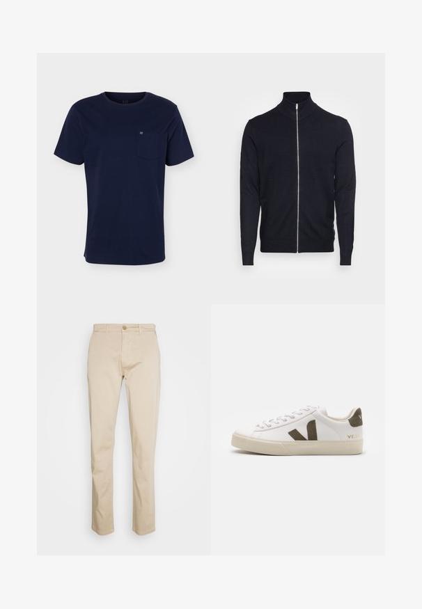 Lindbergh ZIP - Vest - navy; Marineblauw T-shirt met korte mouwen en een ronde hals, met een borstzakje met een klein logo op een effen achtergrond.; Beige katoenen chino's met een rechte pijp, voorste knoopsluiting, riemlussen en een gladde textuur. Geschikt voor casual en semi-formele gelegenheden.; Witte leren sneakers met een lichtbeige rubberen zool. Voorzien van een bruine suède V-logo en hieltab. Gespsluiting met een gestructureerd oppervlak.