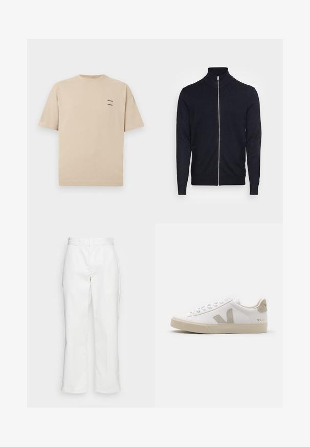 Lindbergh ZIP - Vest - navy; Beige katoenen T-shirt met een ronde halslijn en korte mouwen. Heeft een klein tekstlogo op de linkerbovenkant. Eenvoudig, onopgesmukt ontwerp.; Witte katoenen broek met een recht model, riemlussen en zijzakken, met een gladde textuur en minimale detaillering.; Witte leren sneaker met beige accenten, platte rubberen zool, ronde neus en contrasterend logo aan de zijkant en achterkant. Vetersluiting.