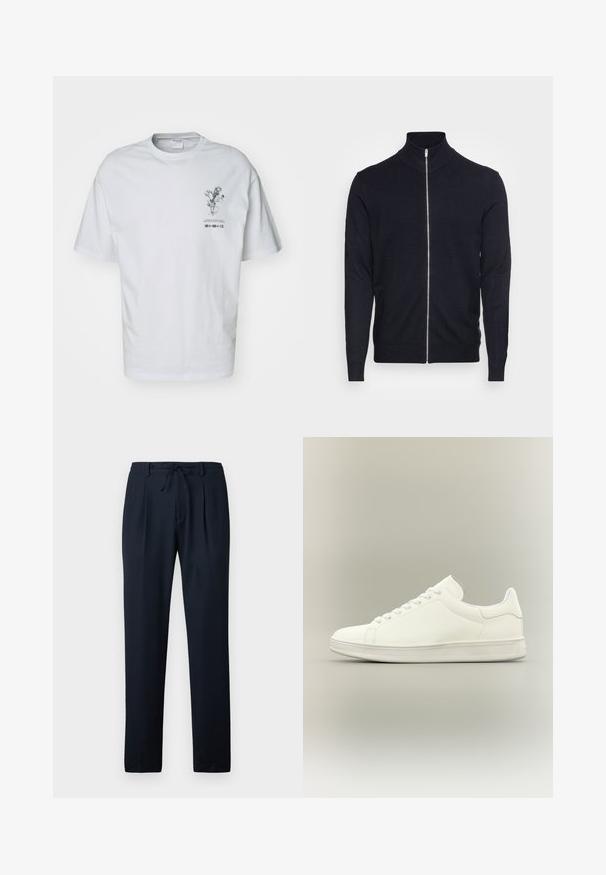 Lindbergh ZIP - Gilet - navy; T-shirt en coton blanc à manches courtes, avec un graphisme floral sur le devant et des détails textuels en dessous de l'illustration.; Pantalon bleu marine en tissu léger, avec un motif texturé, une finition plissée à l'avant et une taille élastique munie d'un cordon de serrage.; Baskets basses blanches minimalistes avec lacets, tige en cuir lisse et semelle en caoutchouc texturée, présentées sur un fond neutre.