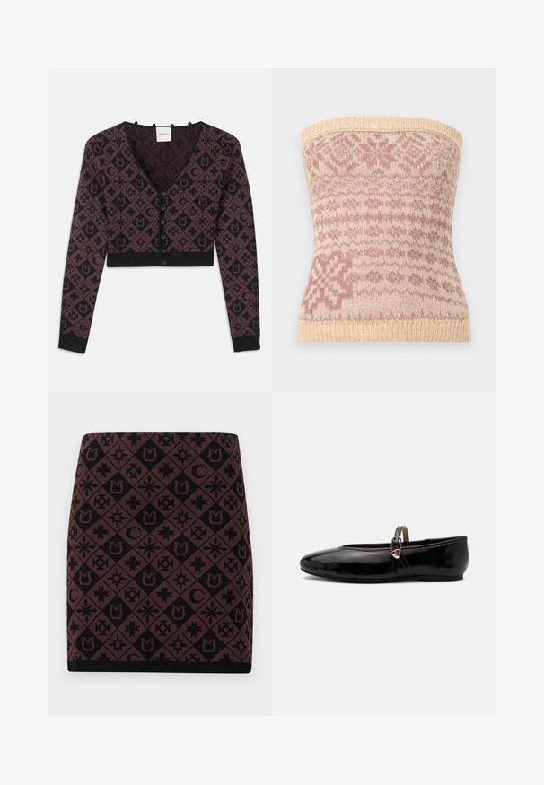 Beskåret V-hals cardigan med lange ærmer, sort og mørkebrun geometrisk og blomsterdesign, frontknaplukning, ribbede manchetter og kant.; Strikket strapless top i beige med pink geometriske mønstre. Har en ribbet kant og blød tekstur, velegnet til lag-på-lag.; Strikket nederdel med et geometrisk mønster i sort og brun med forskellige symboler, en tætsiddende form og en sort talje ved kanten.; Sort skinnende flad sko med tynd ankelrem og lille gylden hjerteformet spænde på en enkel lys baggrund.