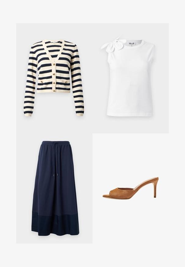Crème en marine gestreepte gebreide cardigan met V-hals, lange mouwen, vier gouden knopen en twee kleine voorzakken met knoopdetails.; Wit mouwloos topje met ronde hals en een grote stoffen strik op de linkerschouder, getoond tegen een effen achtergrond.; Navyblauwe maxi rok van zachte stof, met een elastische tailleband en een trekkoord, en een donkerdere blauwe paneel aan de zoom.; Scarosso LOHAN - Muiltjes met hak - tan suede