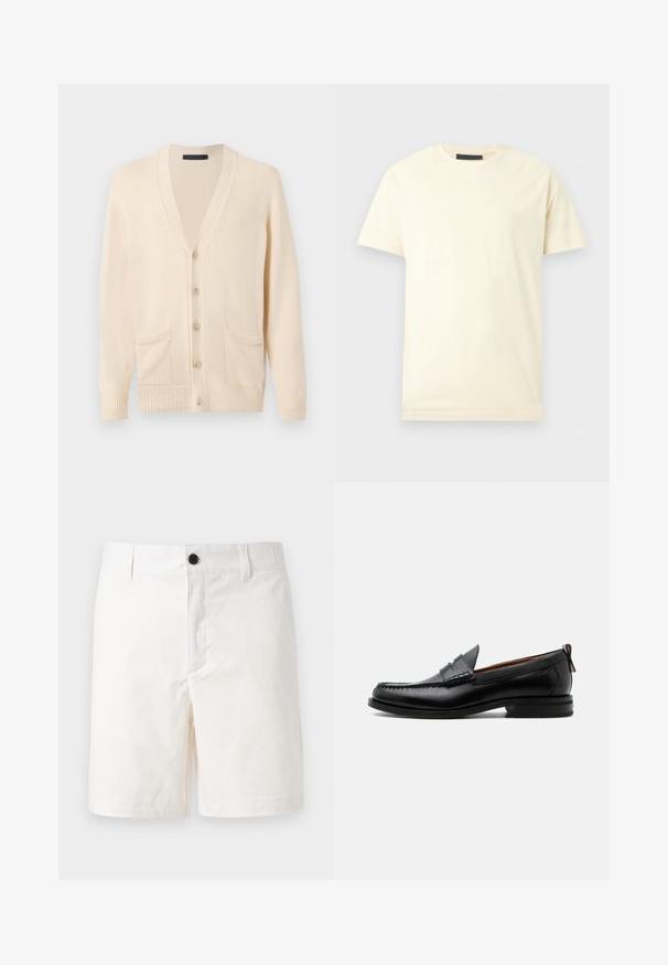 Cardigan en tricot beige à manches longues, avec boutons sur le devant, deux poches avant, et poignets et ourlet côtelés.; T-shirt basique à manches courtes et col rond en écru, présenté à plat sur un fond gris clair.; Shorts blancs jusqu'aux genoux avec passants pour ceinture et un bouton noir à la taille, présentés sur un fond clair uni.; Mocassin homme en cuir noir avec couture moc toe, bride penny, col texturé et petit talon empilé sur fond blanc.