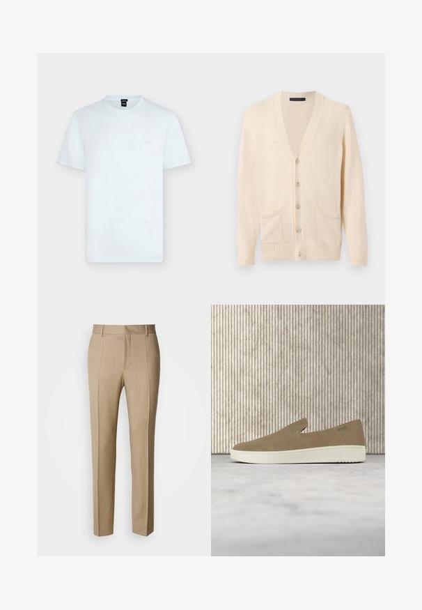 Cardigan en tricot beige à manches longues, avec boutons sur le devant, deux poches avant, et poignets et ourlet côtelés.; T-shirt blanc uni à manches courtes et col rond avec petit logo "BOSS" sur la poitrine gauche et une étiquette noire à l'intérieur de l'encolure.; Pantalon beige sur mesure en tissu texturé, à front plat et jambes droites. Comprend des poches latérales et des passants pour ceinture, offrant un look élégant.; Chaussure beige sans lacets avec semelle blanche, présentée en suspension sur un tapis clair avec un mobilier transparent de couleur ambre en arrière-plan.